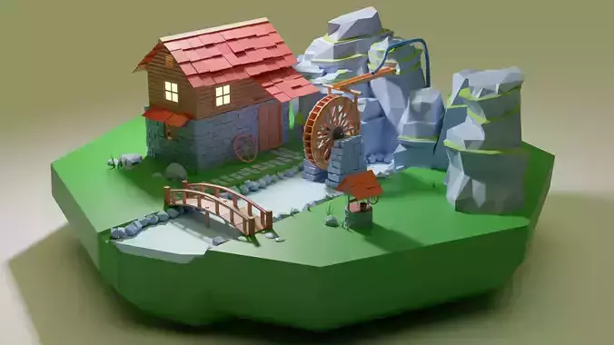 Watermill House Low Poly -  Wood Farm mill  Low-poly 3D model