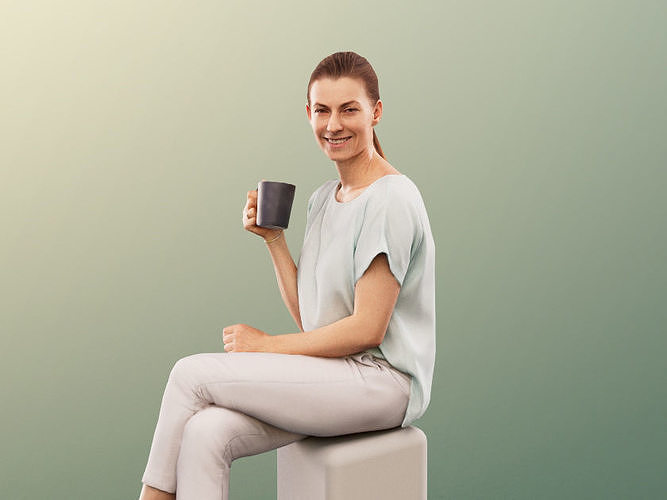 Abby 13358 - Sitting Woman In White Clothing With Coffee Low-poly 3D model
