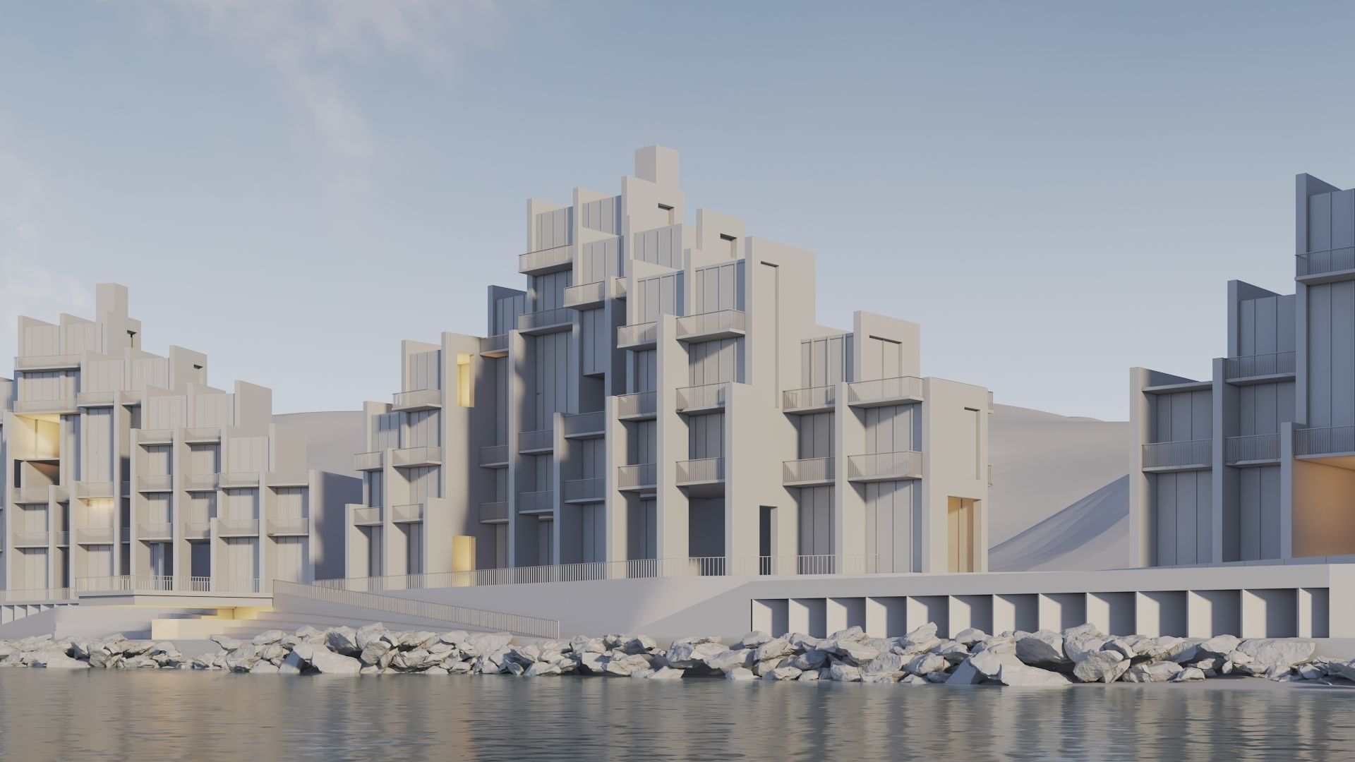 Apartments Buildings in front the beach 3D model_1