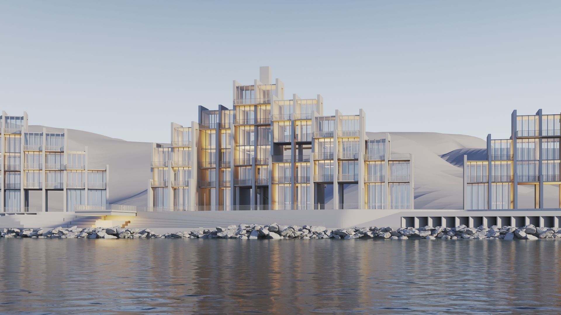 Apartments Buildings in front the beach 3D model_4