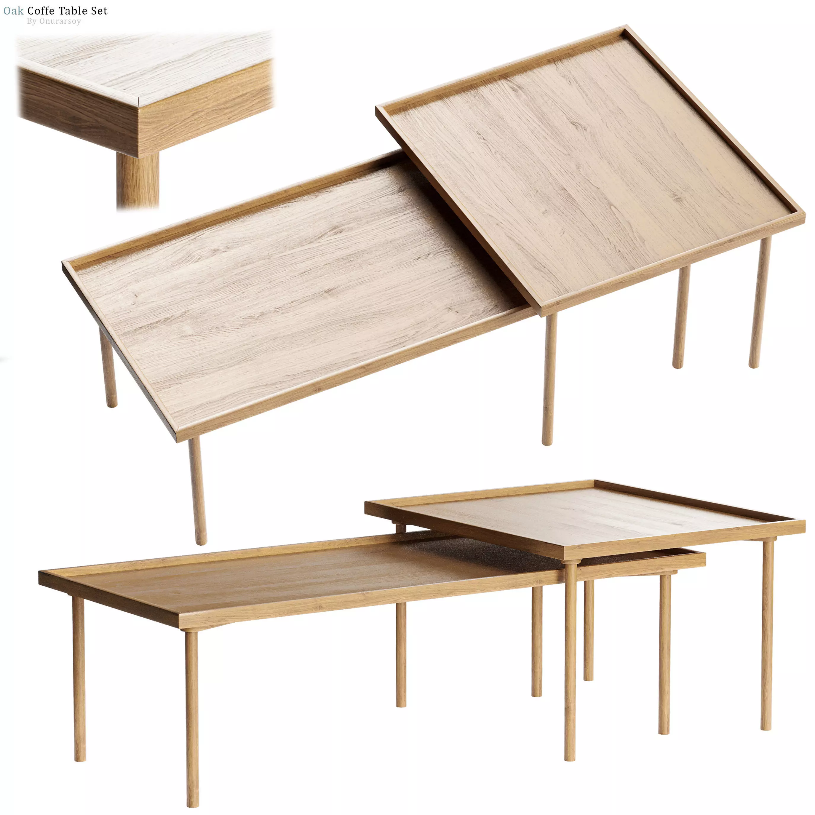 Oak Coffee Table Decoration Set 3D model