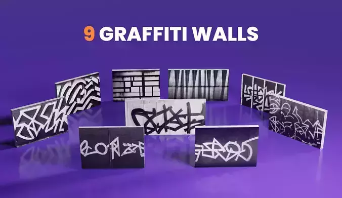 9 Walls with Graffiti paints as Textures Street Assets Low-poly 3D model