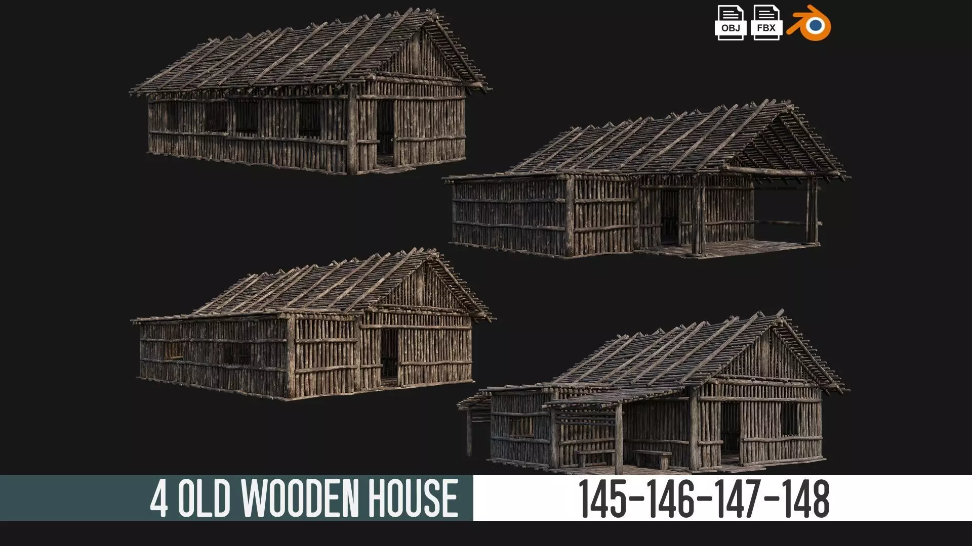 4 Old Wooden Houses Pack 4K Textures GameReady 145 to 148 Low-poly 3D model
