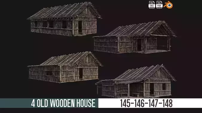 4 Old Wooden Houses Pack 4K Textures GameReady 145 to 148 Low-poly 3D model