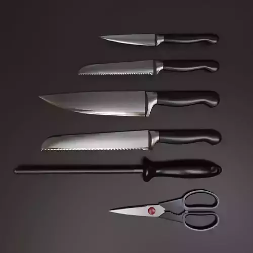 Set of kitchen knives with stand 3D model