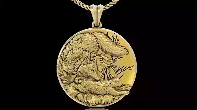 Fox hunting rabbit pendant  gold printable 3D jewelry model