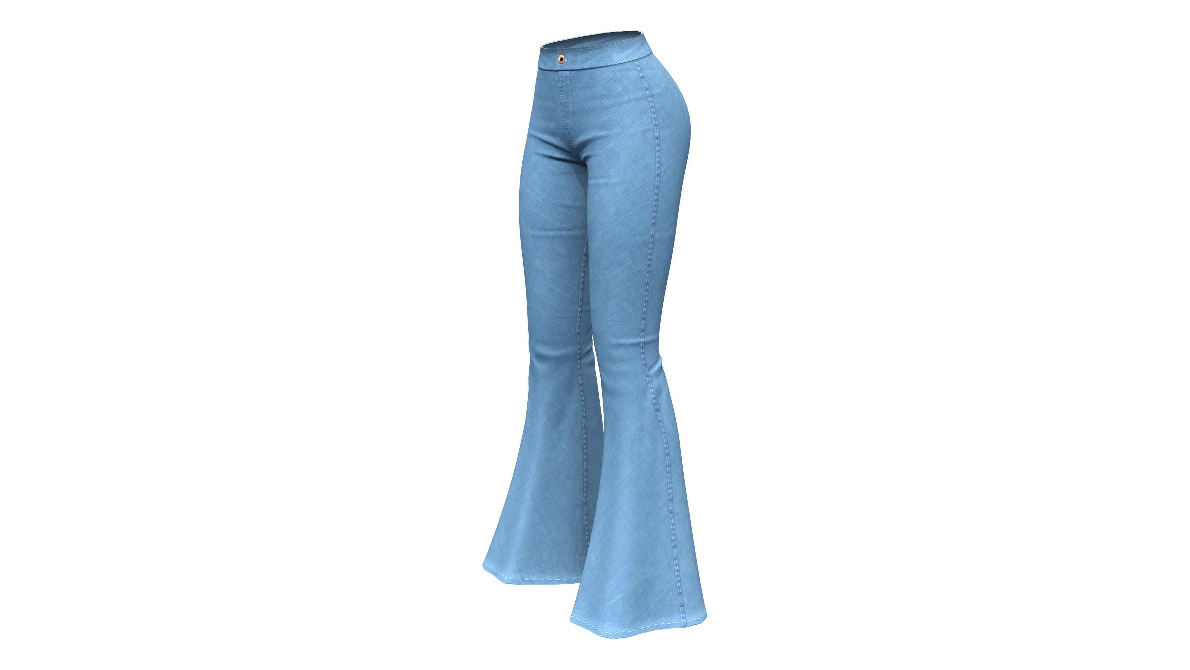 Ladies Flare Bell Bottom Jeans Pants Low-poly 3D model_2