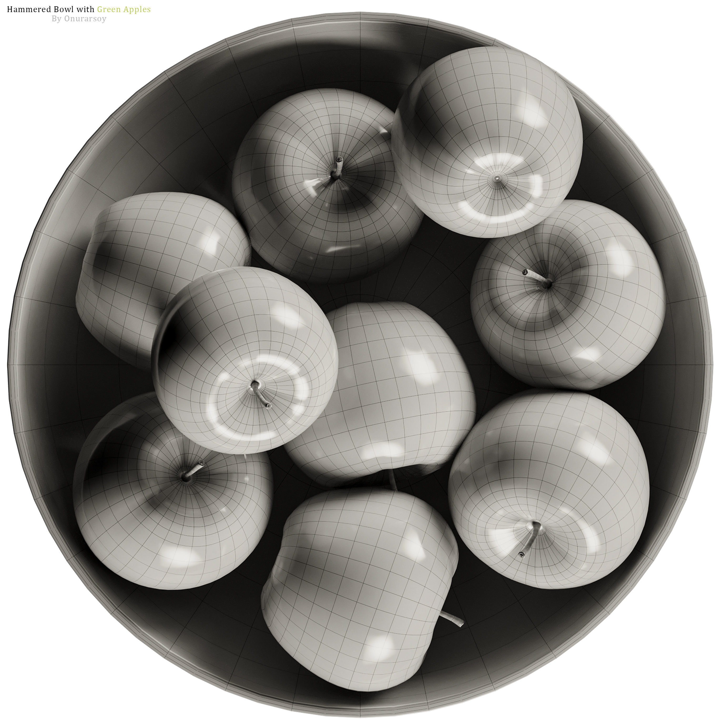 Hammered Bowl with Green Apples 3D model_3