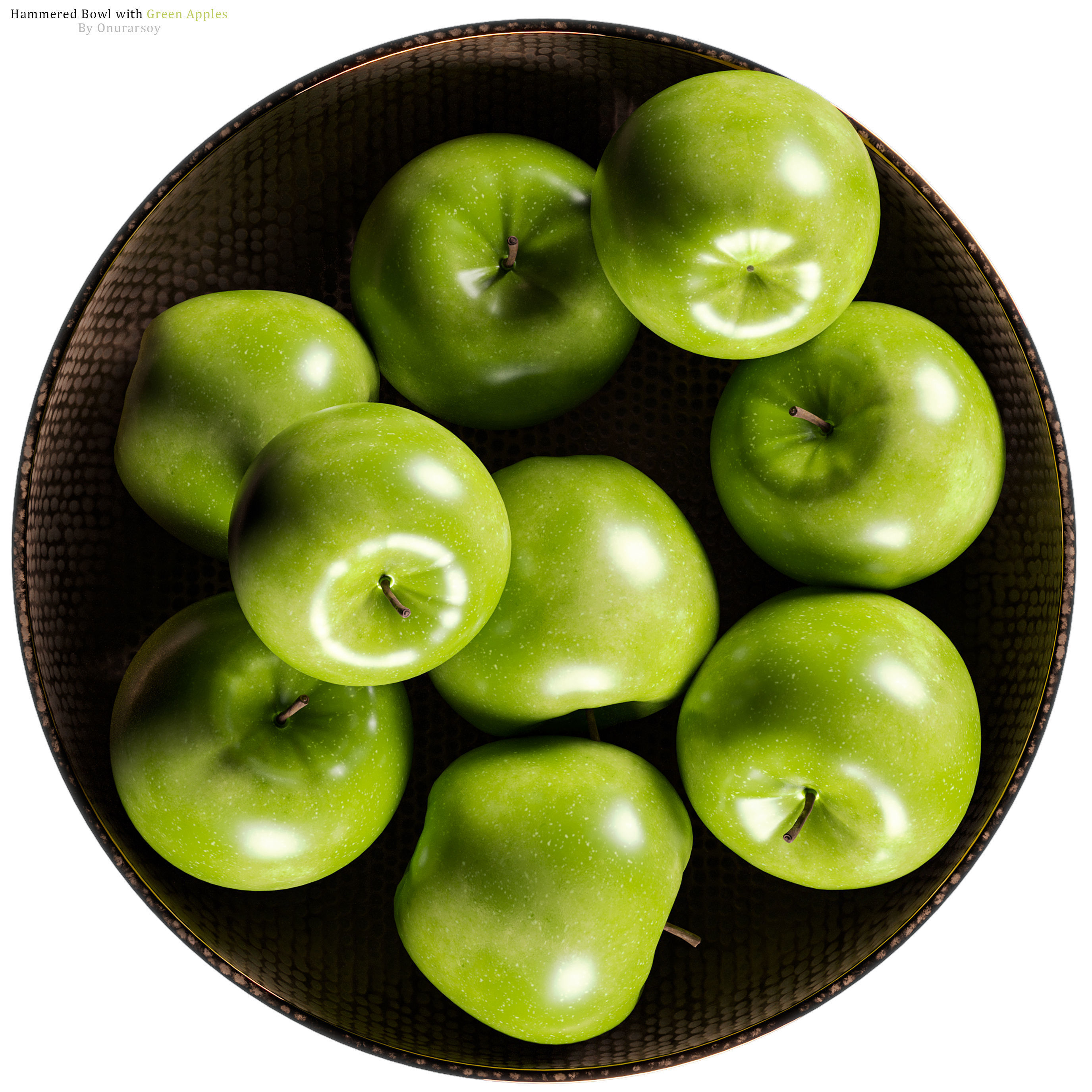 Hammered Bowl with Green Apples 3D model_2