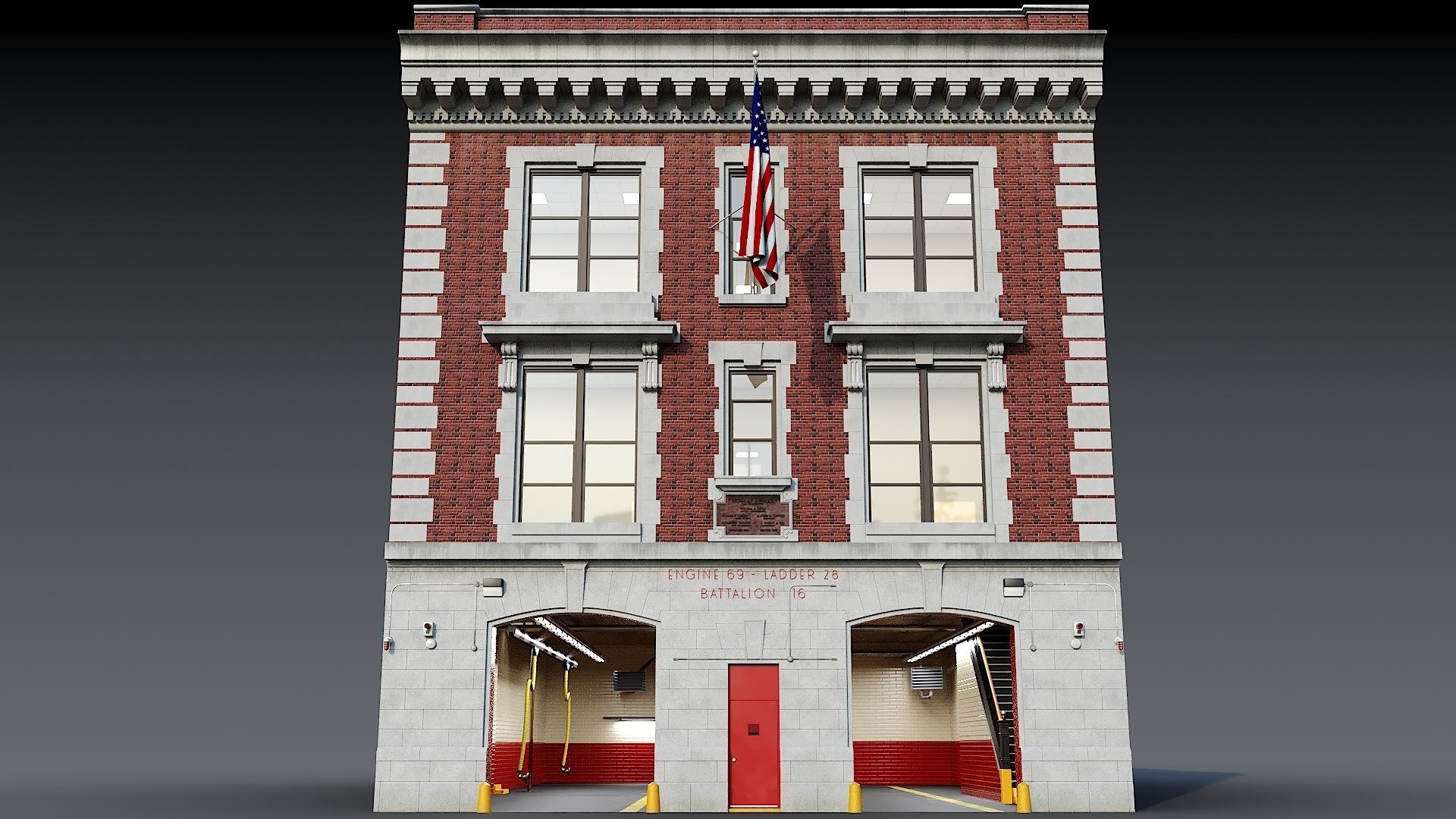 Firehouse FDNY with interior Low-poly 3D model_4