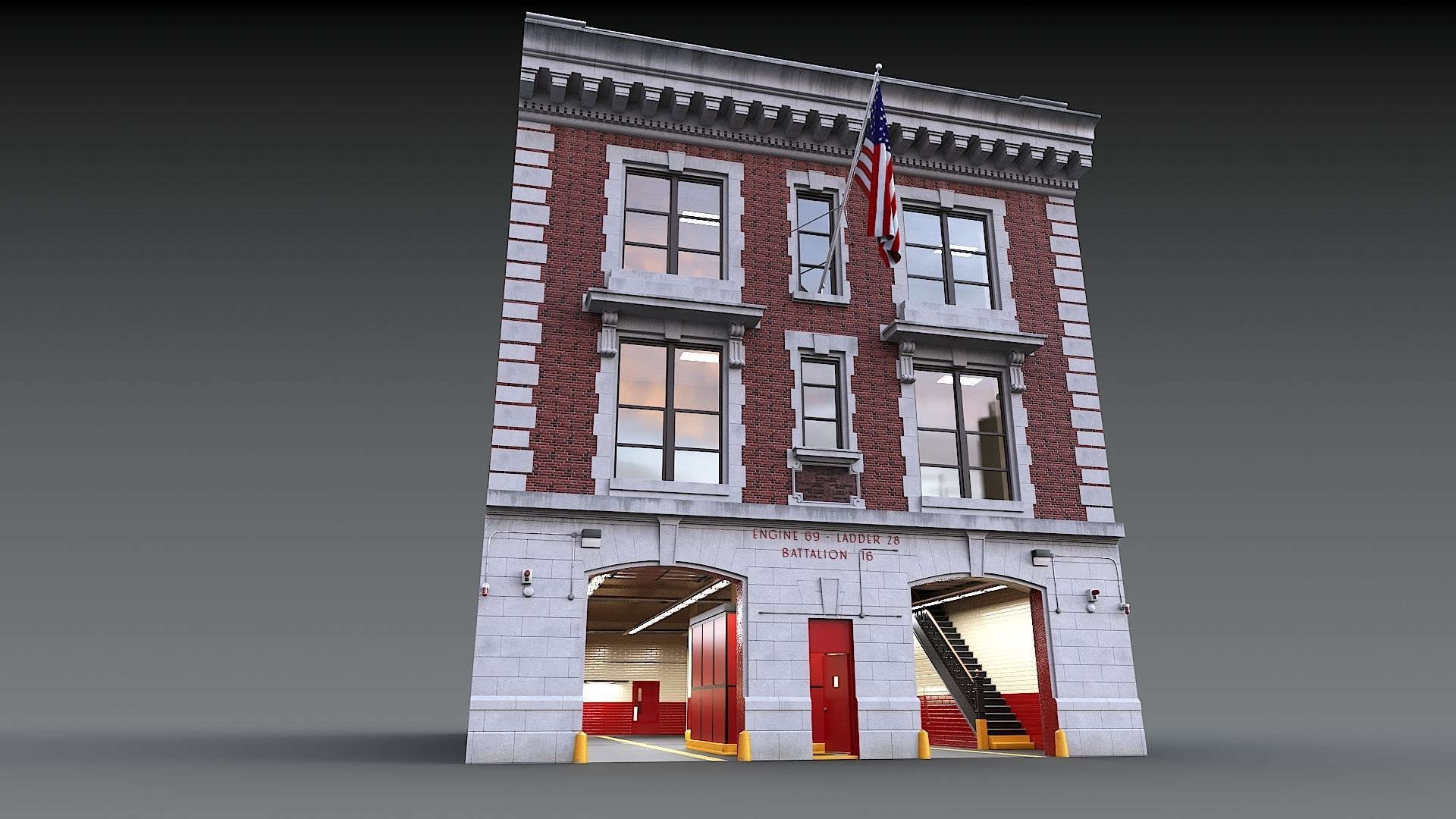 Firehouse FDNY with interior Low-poly 3D model_2