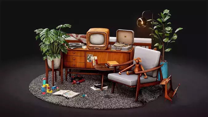 Retro Mid-Century living room Asset pack