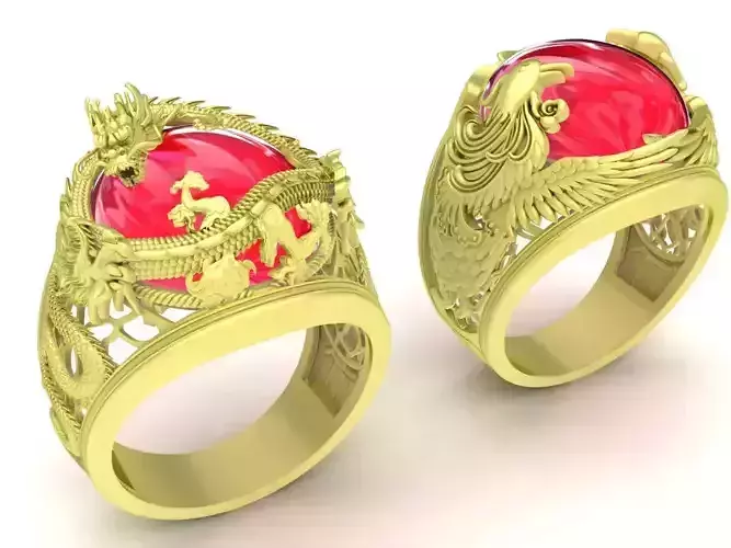Set Oval Ruby Chinese Dragon and Phoneix Ring 3871