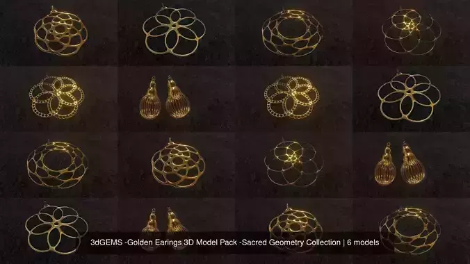 3dGEMS -Golden Earings 3D Model Pack -Sacred Geometry Collection