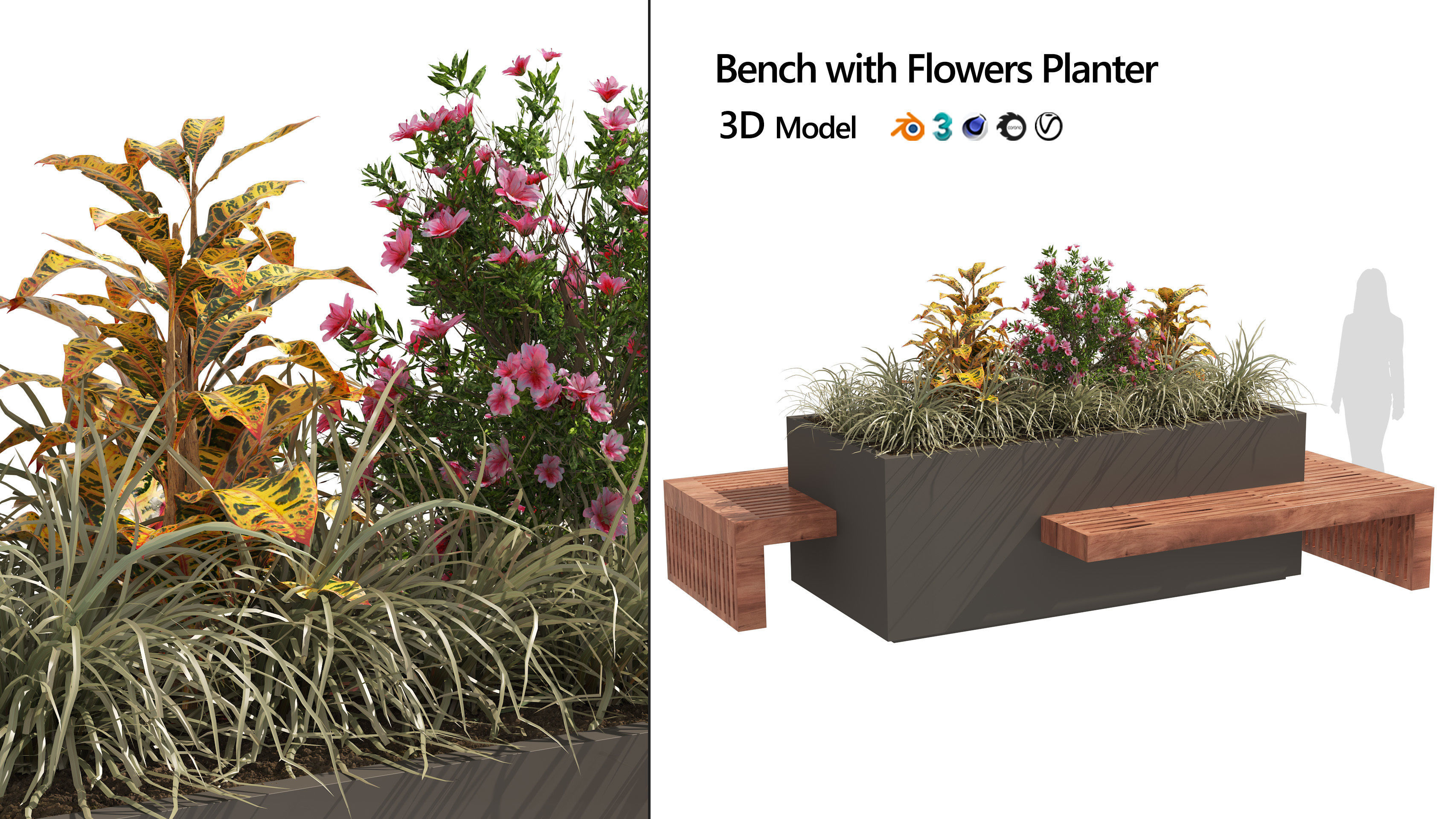Modern Flowers Planter with Wood Bench 3D model_1