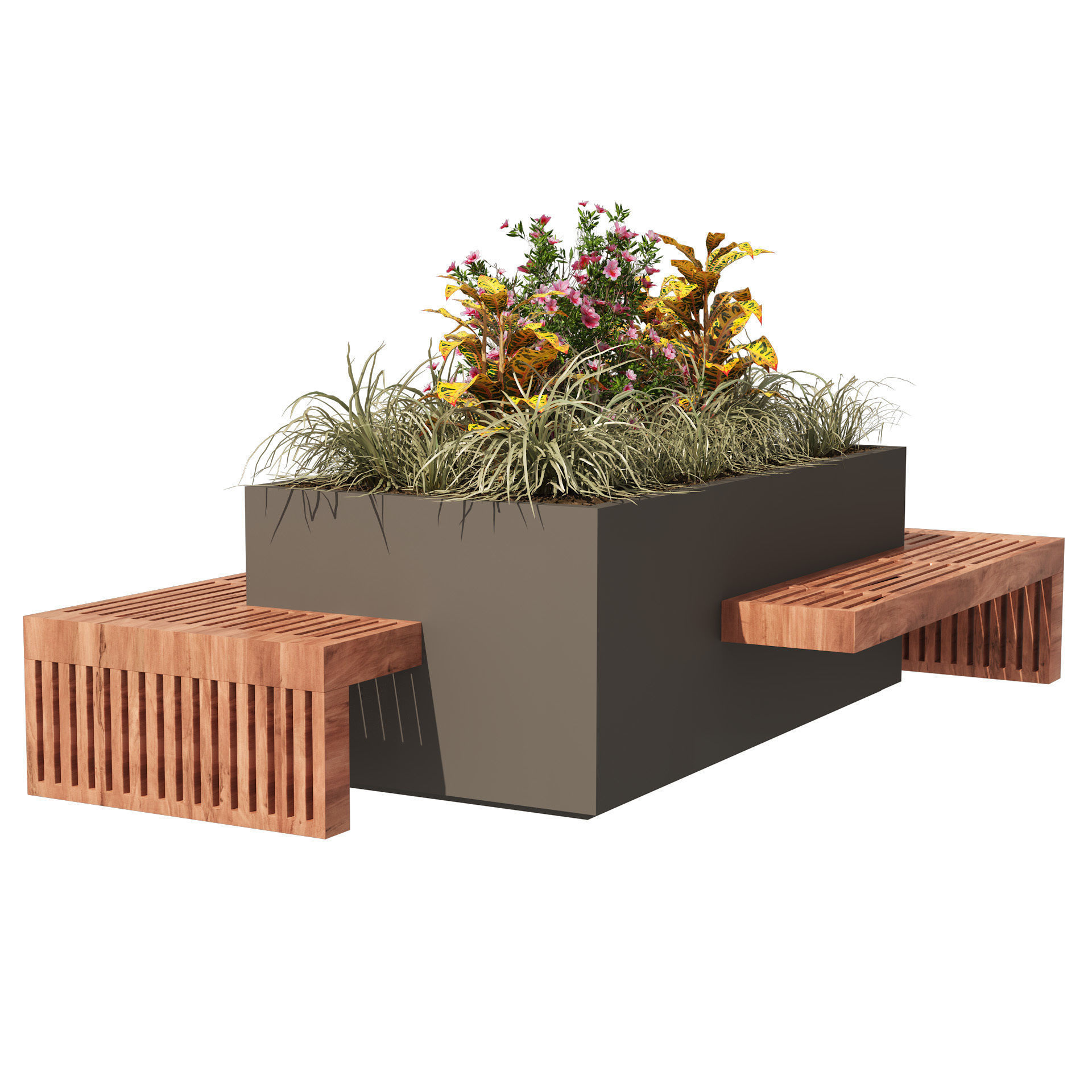 Modern Flowers Planter with Wood Bench 3D model_4