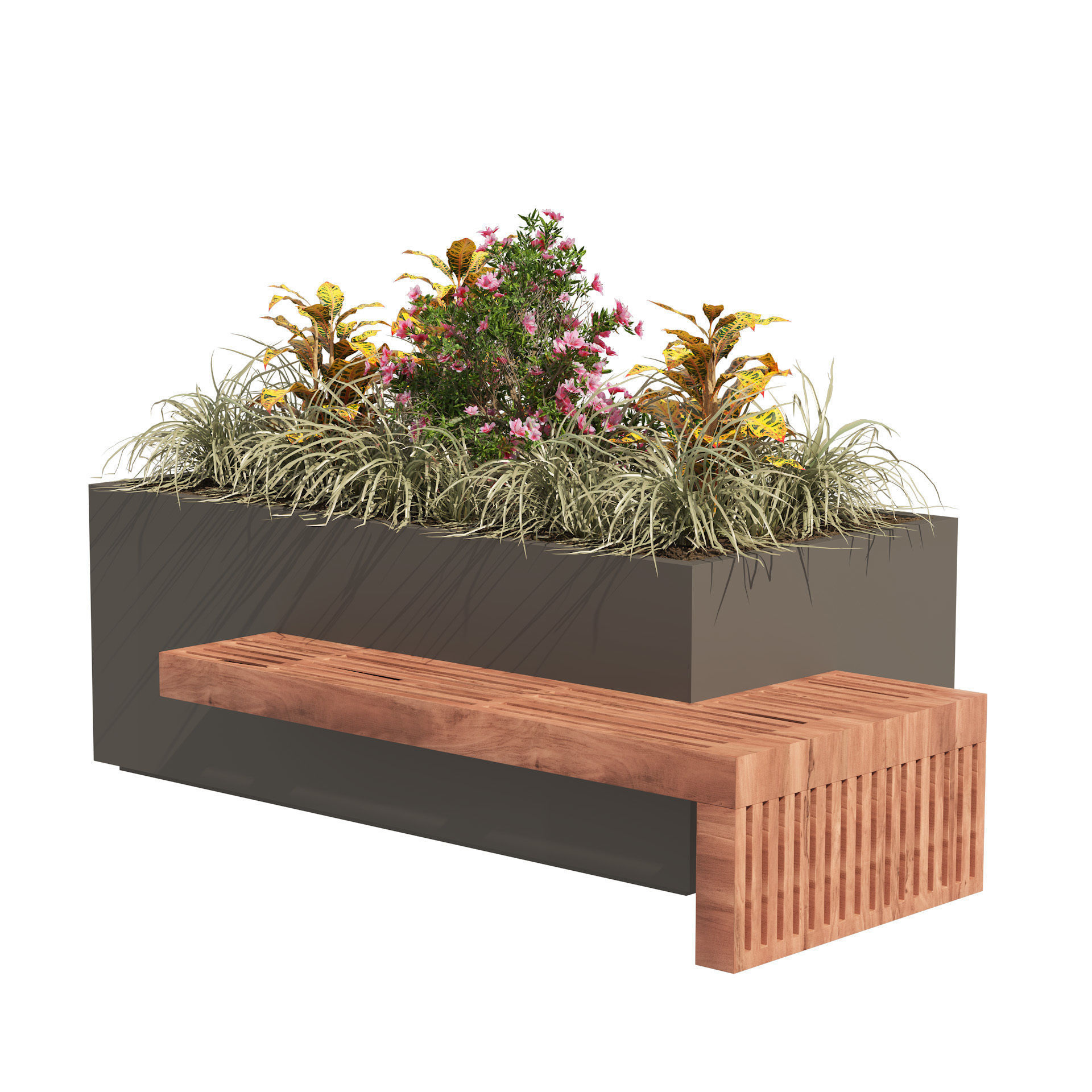 Modern Flowers Planter with Wood Bench 3D model_3