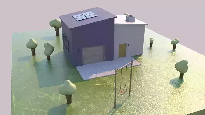 low poly house on field