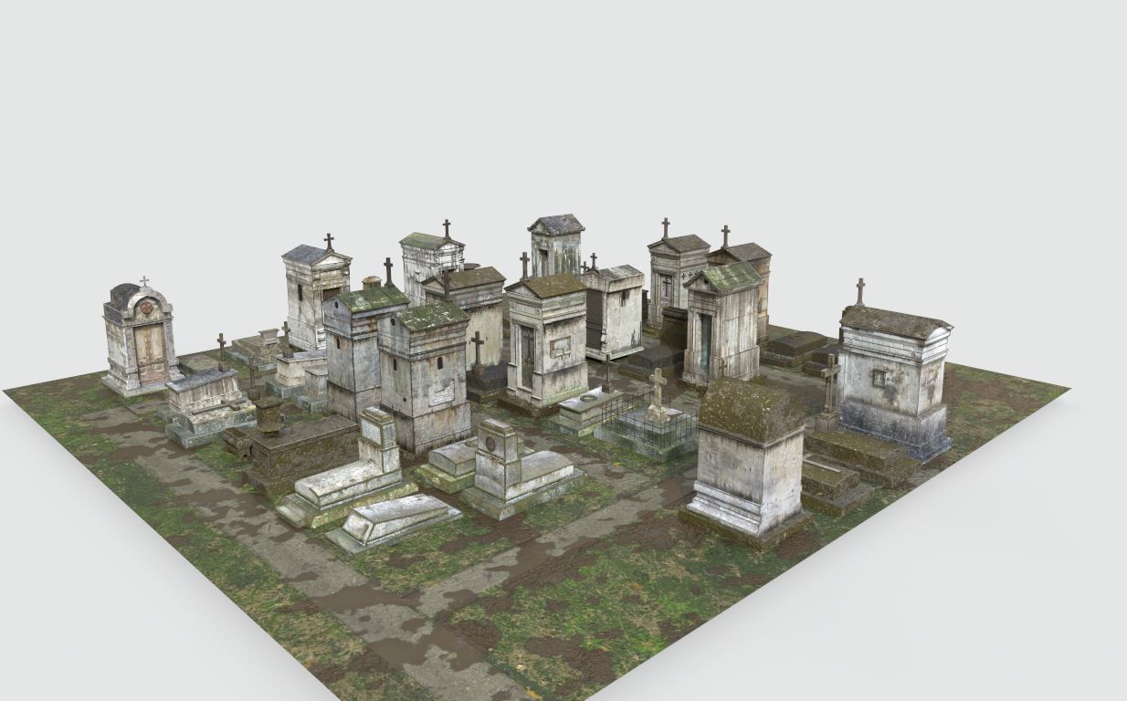 Cemetery with tombs and gravestones 3D model_1