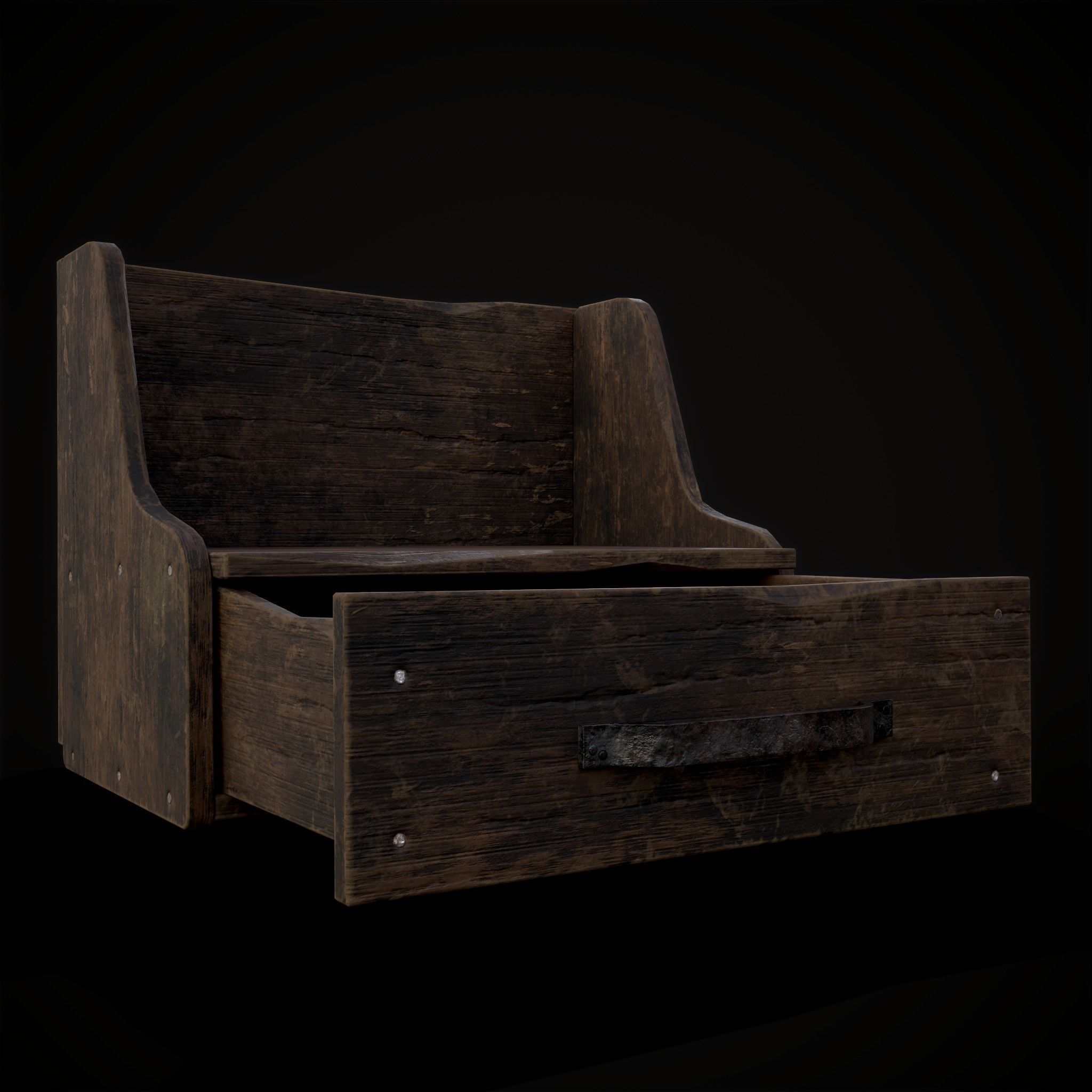 Rustic Wooden Bedside Table Top Drawer Low-poly 3D model_12