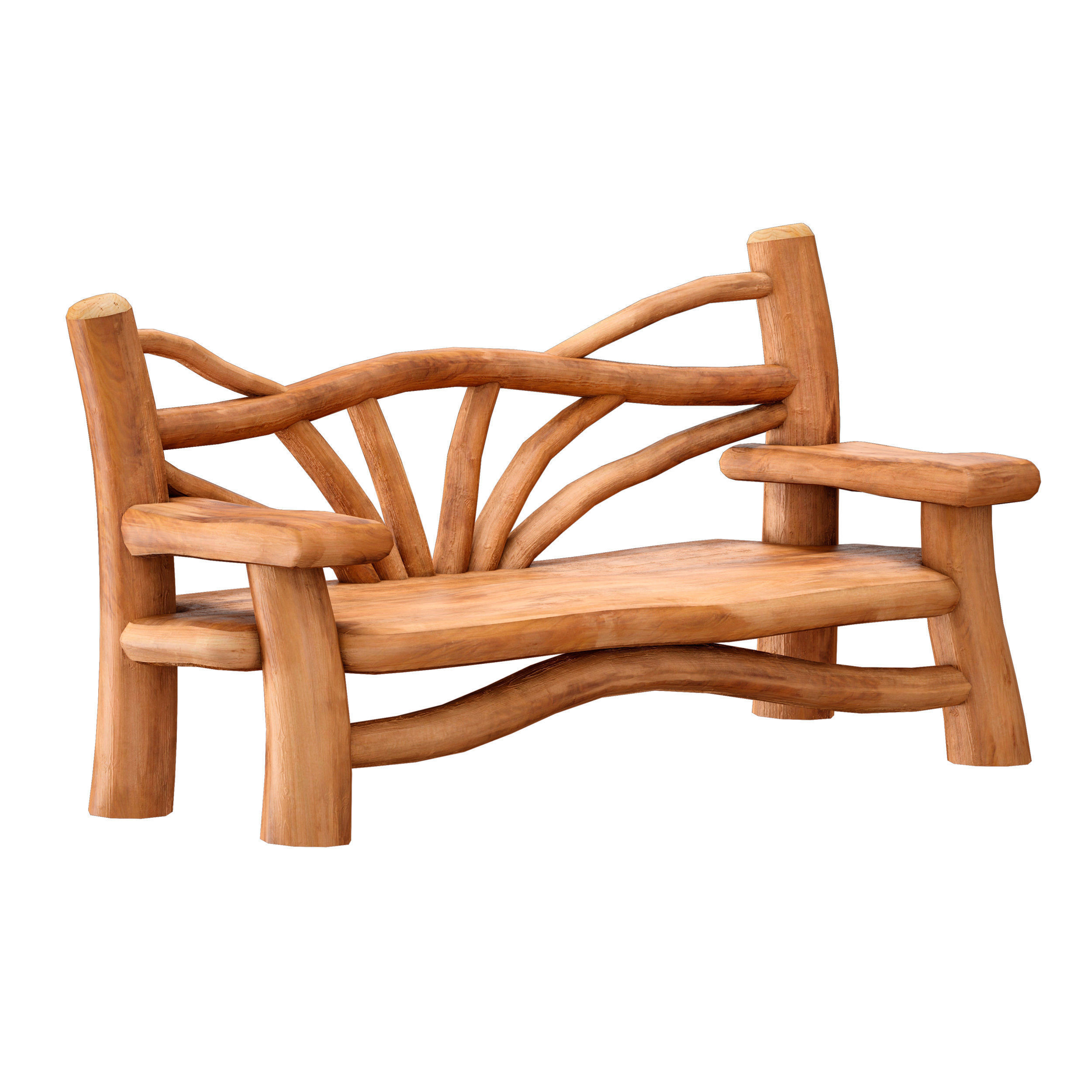 Wooden bench made of logs and branches 3D model_1