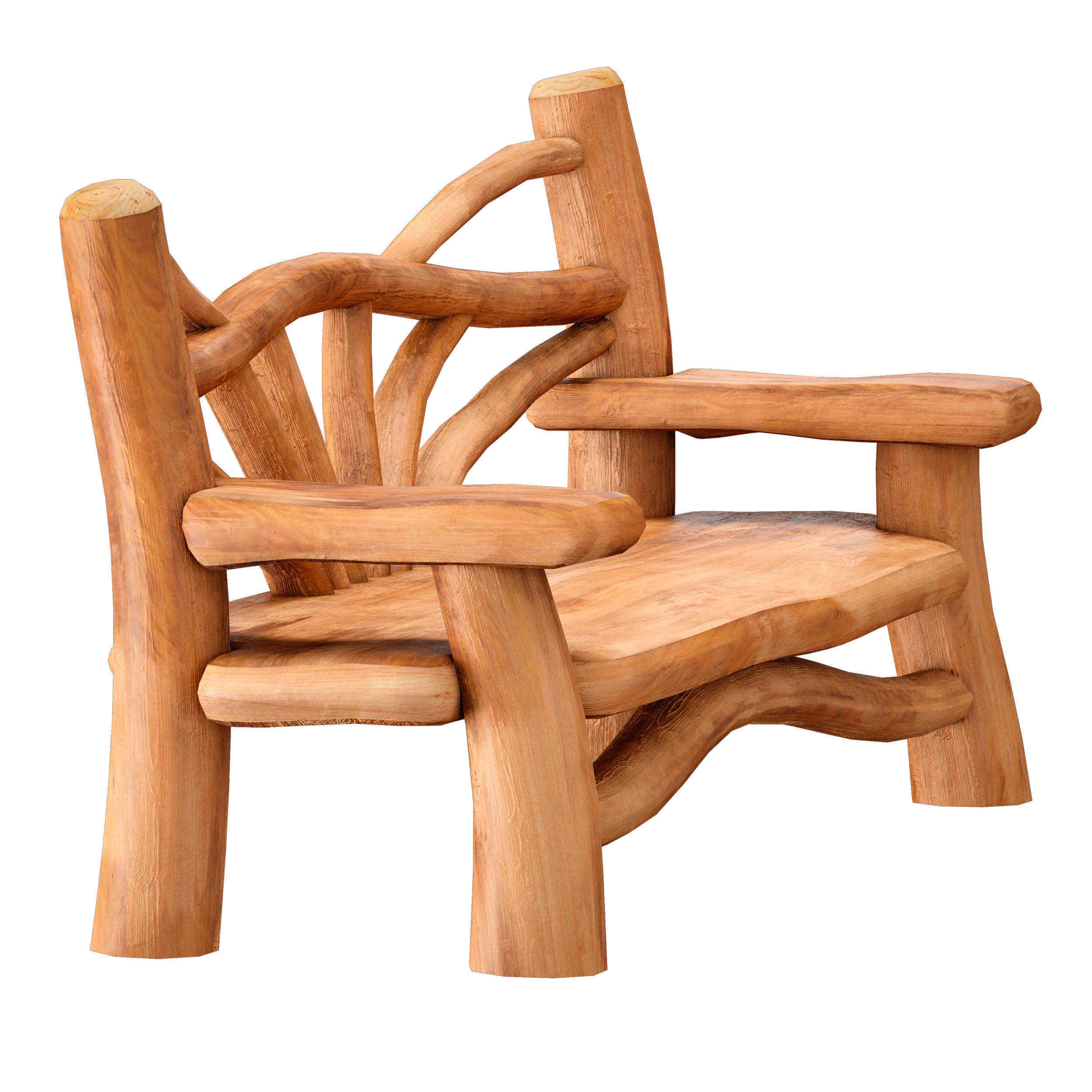 Wooden bench made of logs and branches 3D model_4