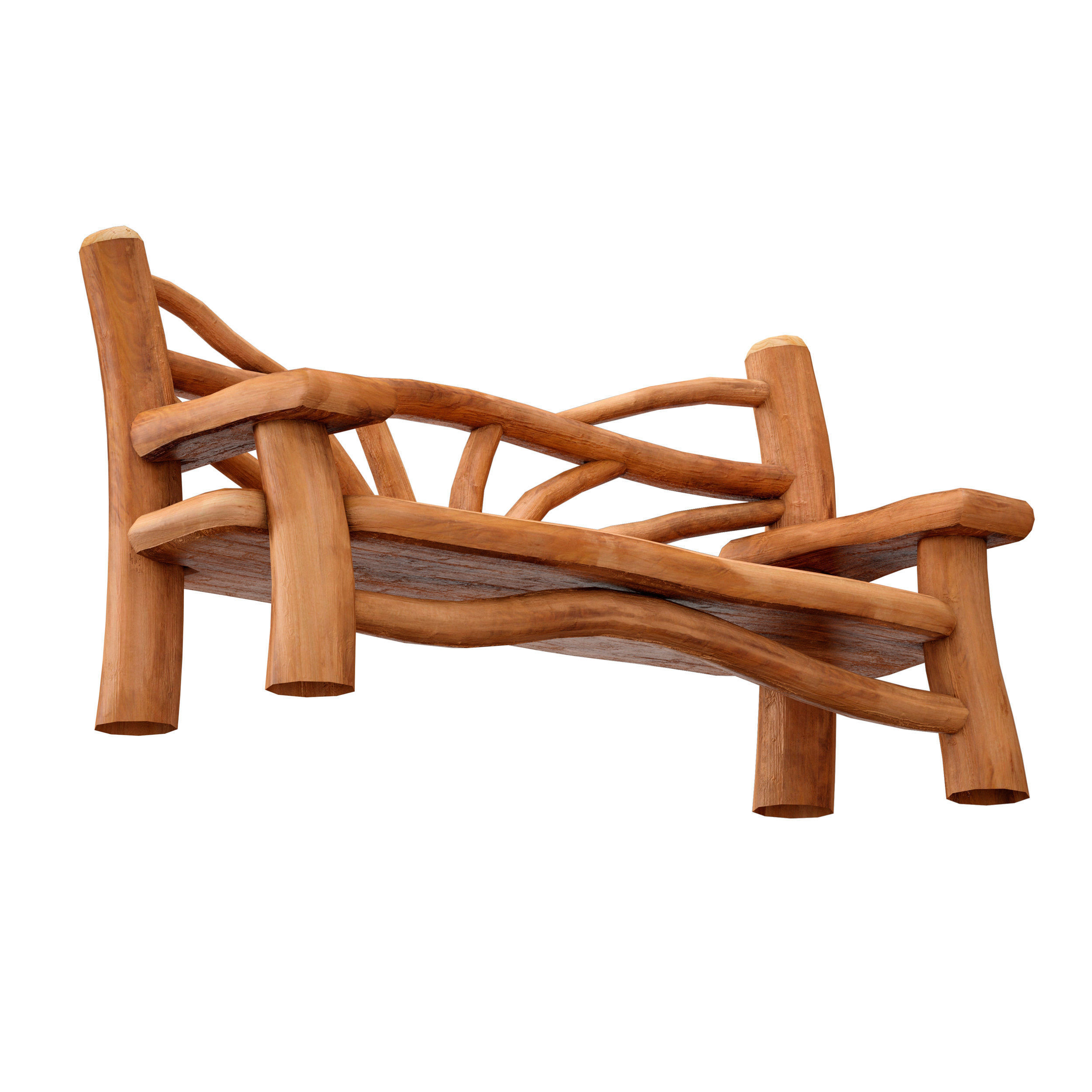 Wooden bench made of logs and branches 3D model_2