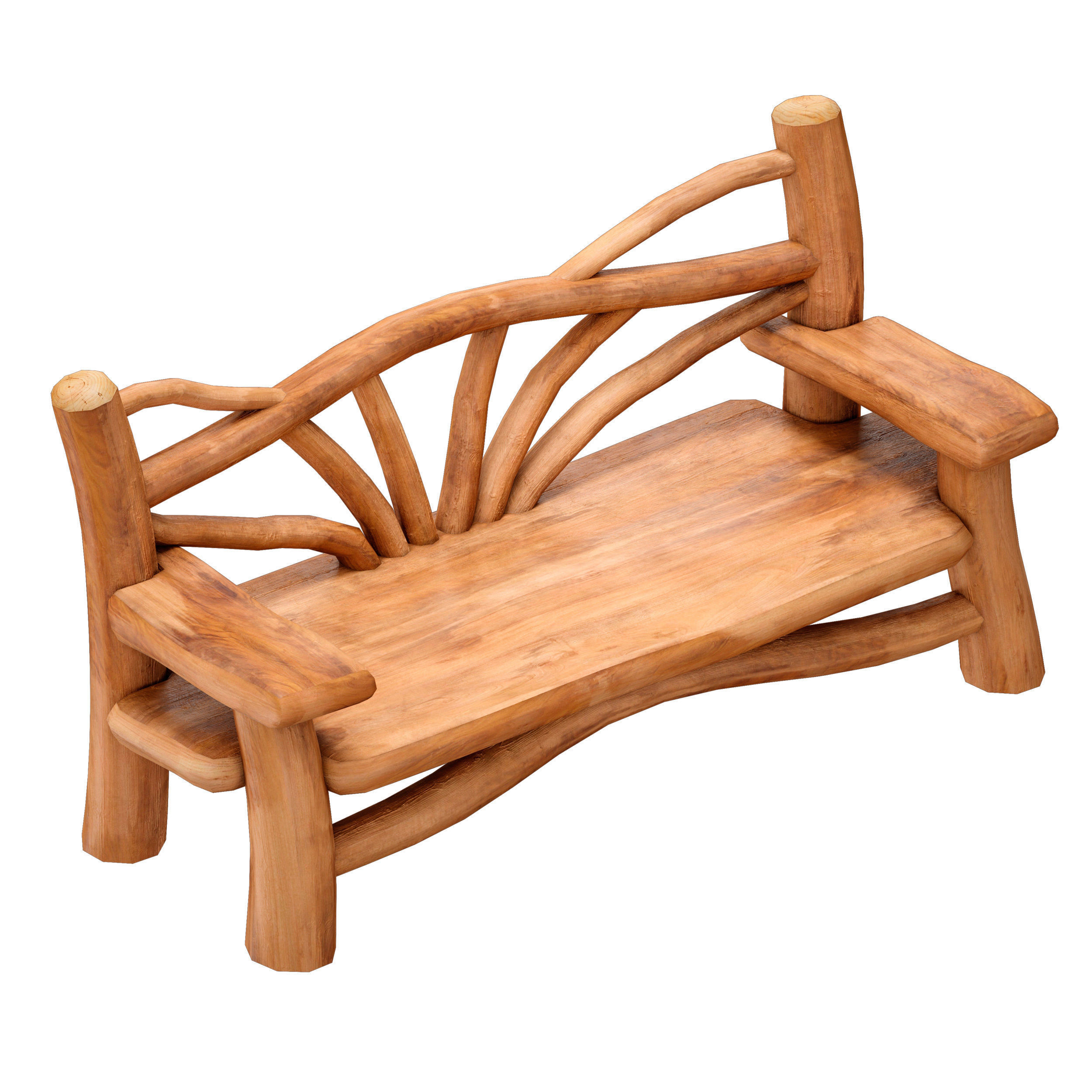 Wooden bench made of logs and branches 3D model_3