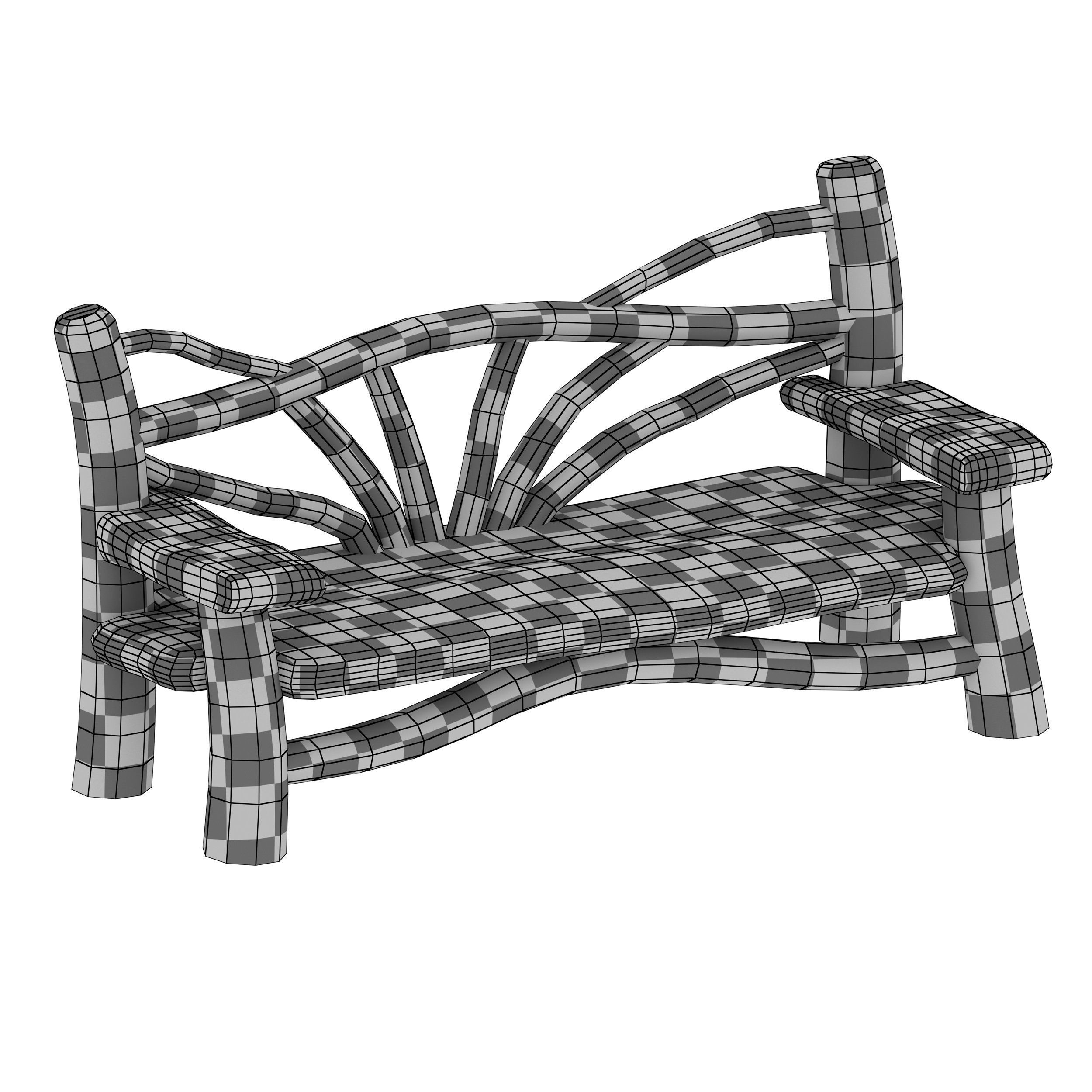 Wooden bench made of logs and branches 3D model_10