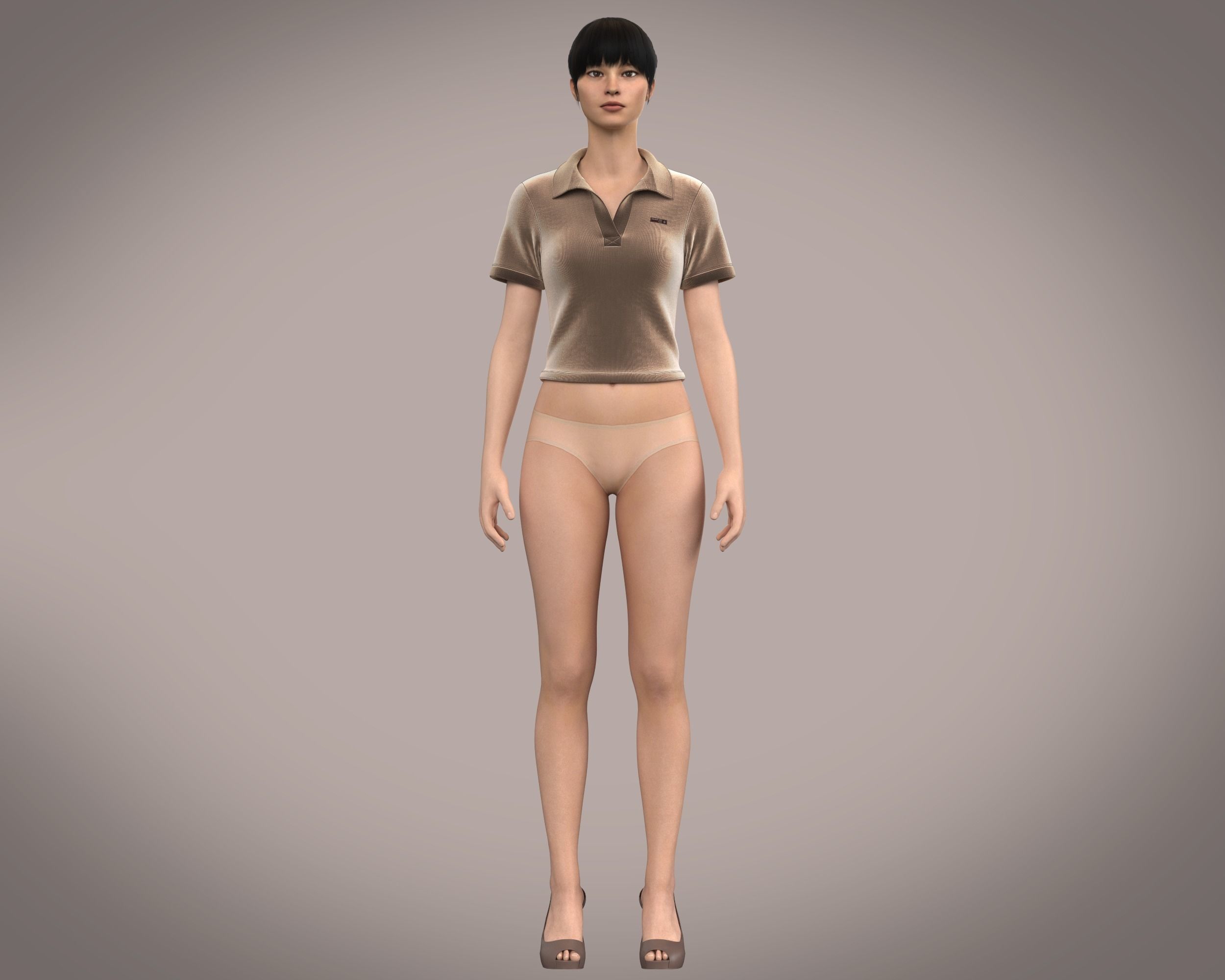 Ladies velour polo co-ord in brown 3D model_6
