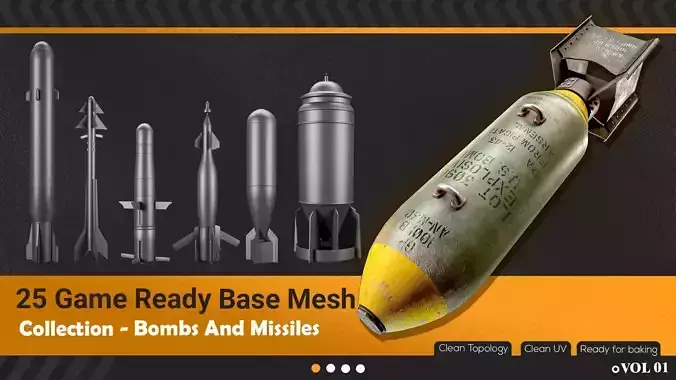 25 Bombs And Missiles Base Mesh-Game Ready Low-poly 3D model