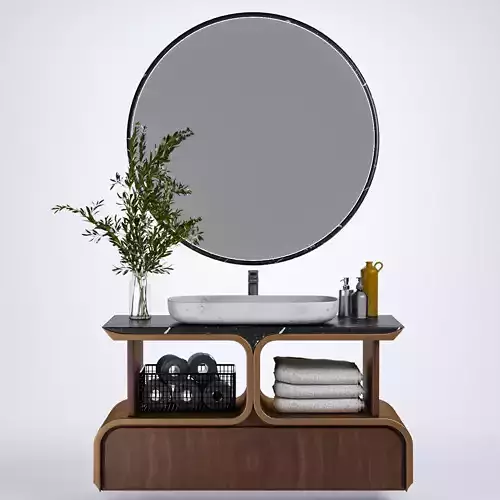 Bathroom-X bathroom vanity with round mirror above it