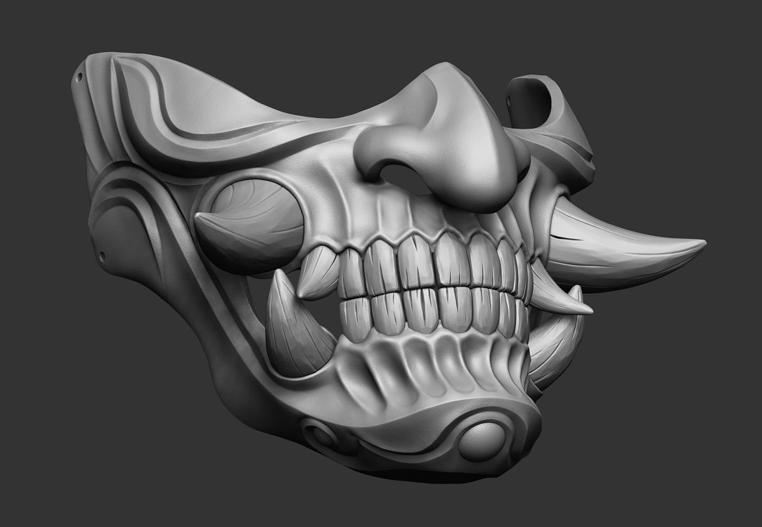Traditional Japanese Hannya Half Mask 2 Oni Half Mask Samurai 3D print model_9