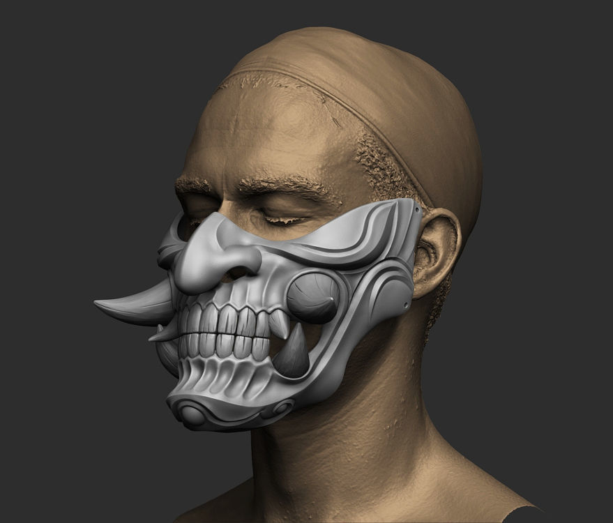 Traditional Japanese Hannya Half Mask 2 Oni Half Mask Samurai 3D print model_8