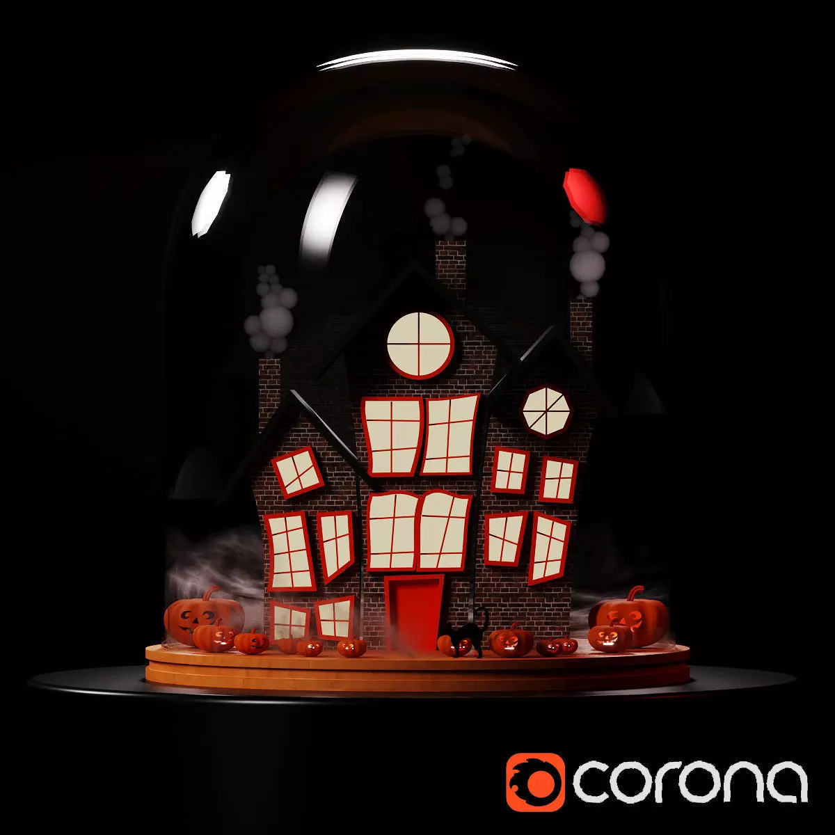 Halloween decor house with pumpkins in the fog 3D model