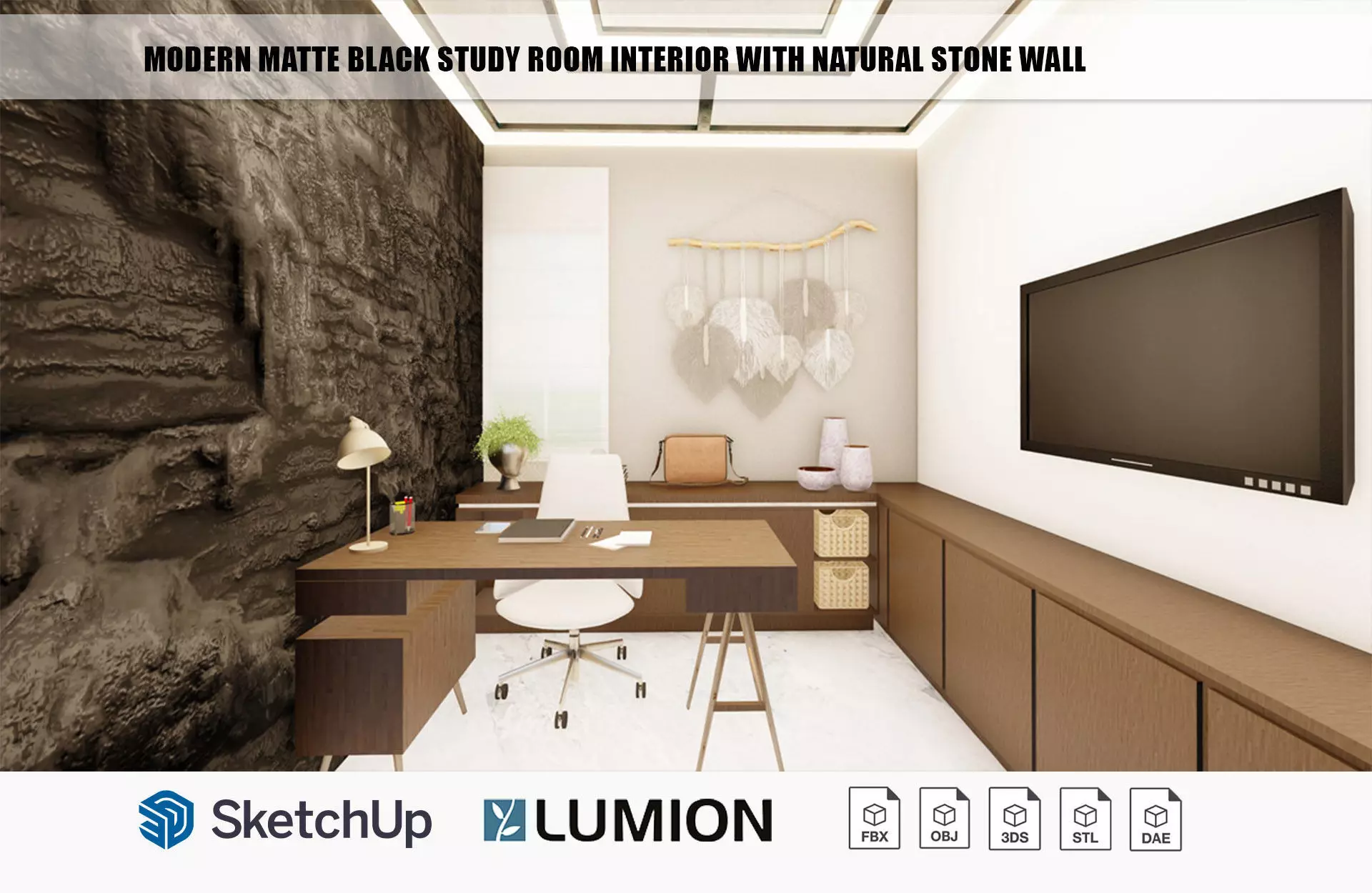 Modern matte black study room interior with natural stone wall 3D model