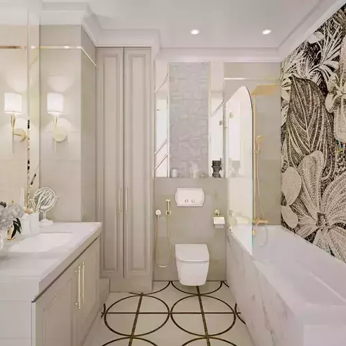 Scene of modern bathroom with bathtube toilet and sink 