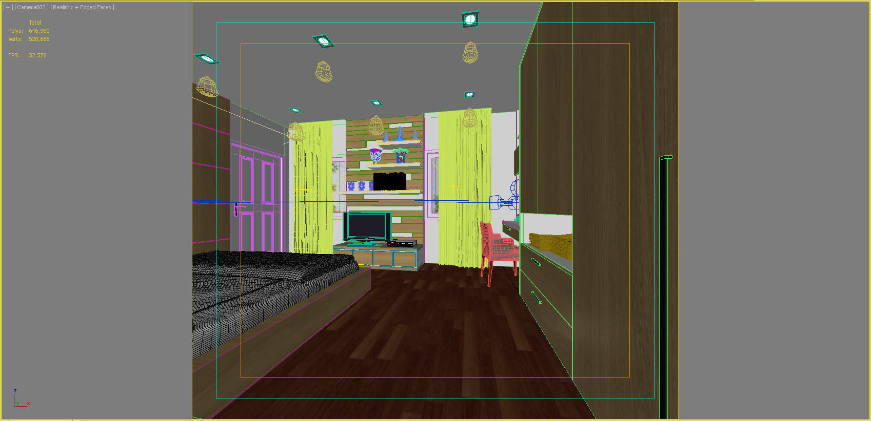 bedroom 1 with wooden floors and walls 3D model_4