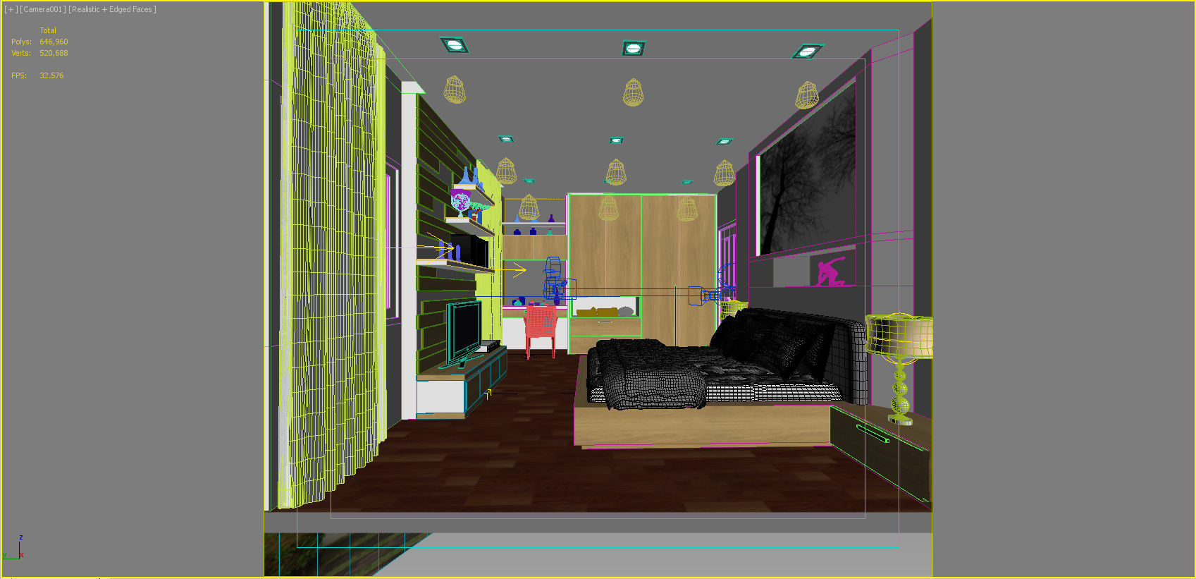 bedroom 1 with wooden floors and walls 3D model_3