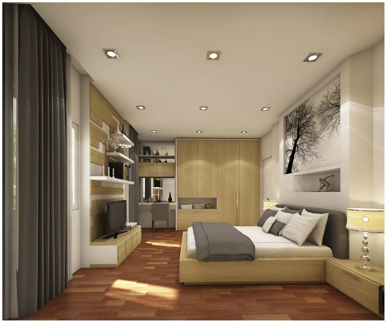 bedroom 1 with wooden floors and walls 3D model_0