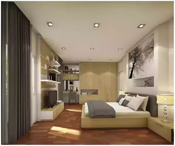 bedroom 1 with wooden floors and walls