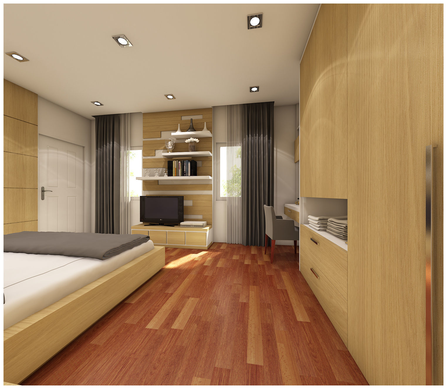bedroom 1 with wooden floors and walls 3D model_1