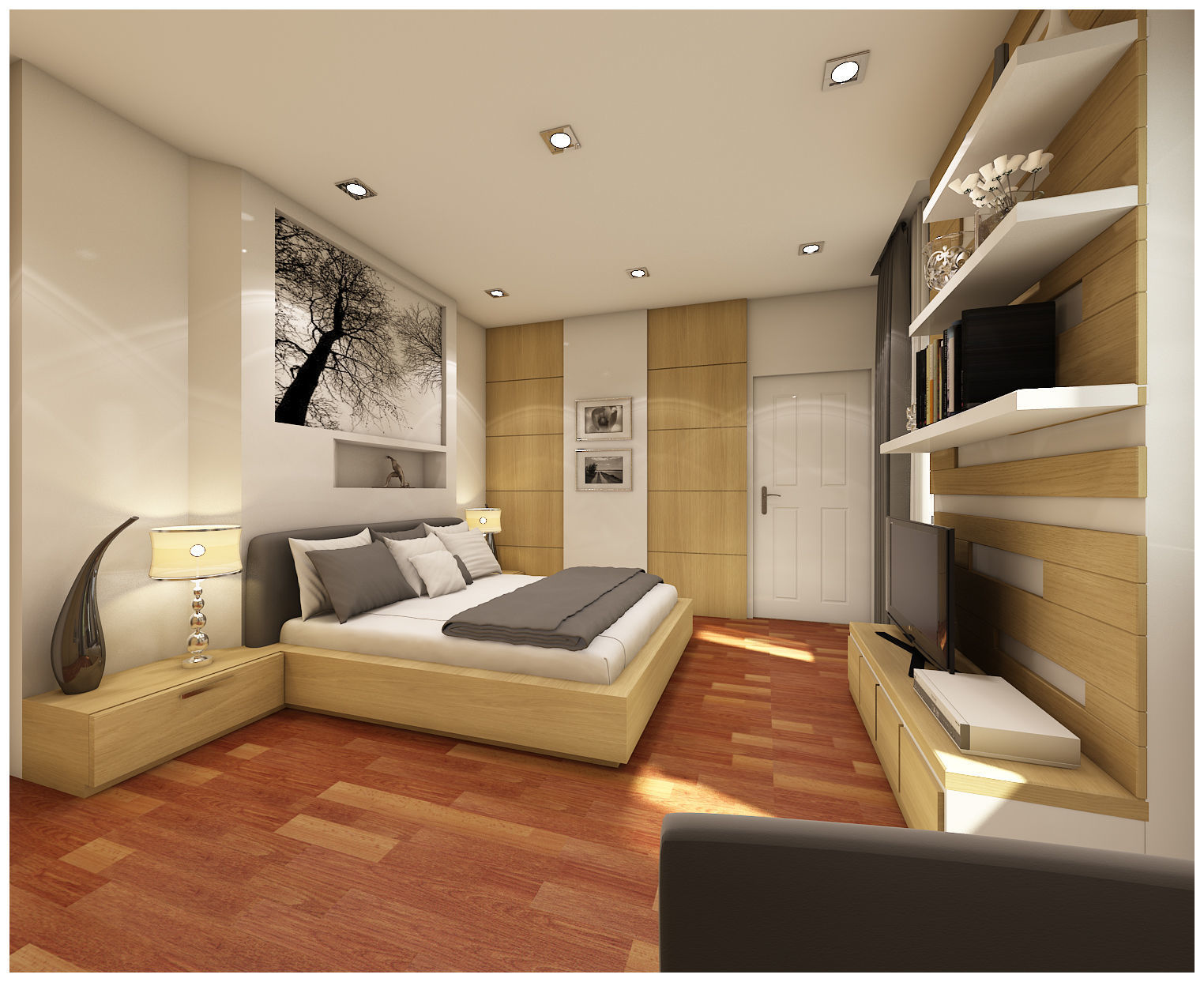 bedroom 1 with wooden floors and walls 3D model_2