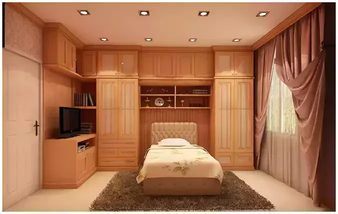 bedroom 2 with wooden cabinets and bed