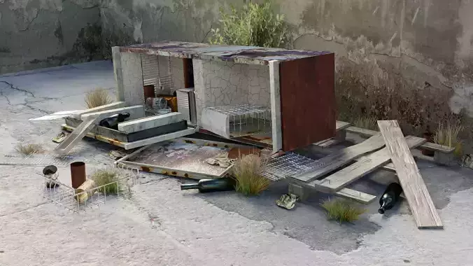 Postapocalyptic trash pile of broken rusted fridge