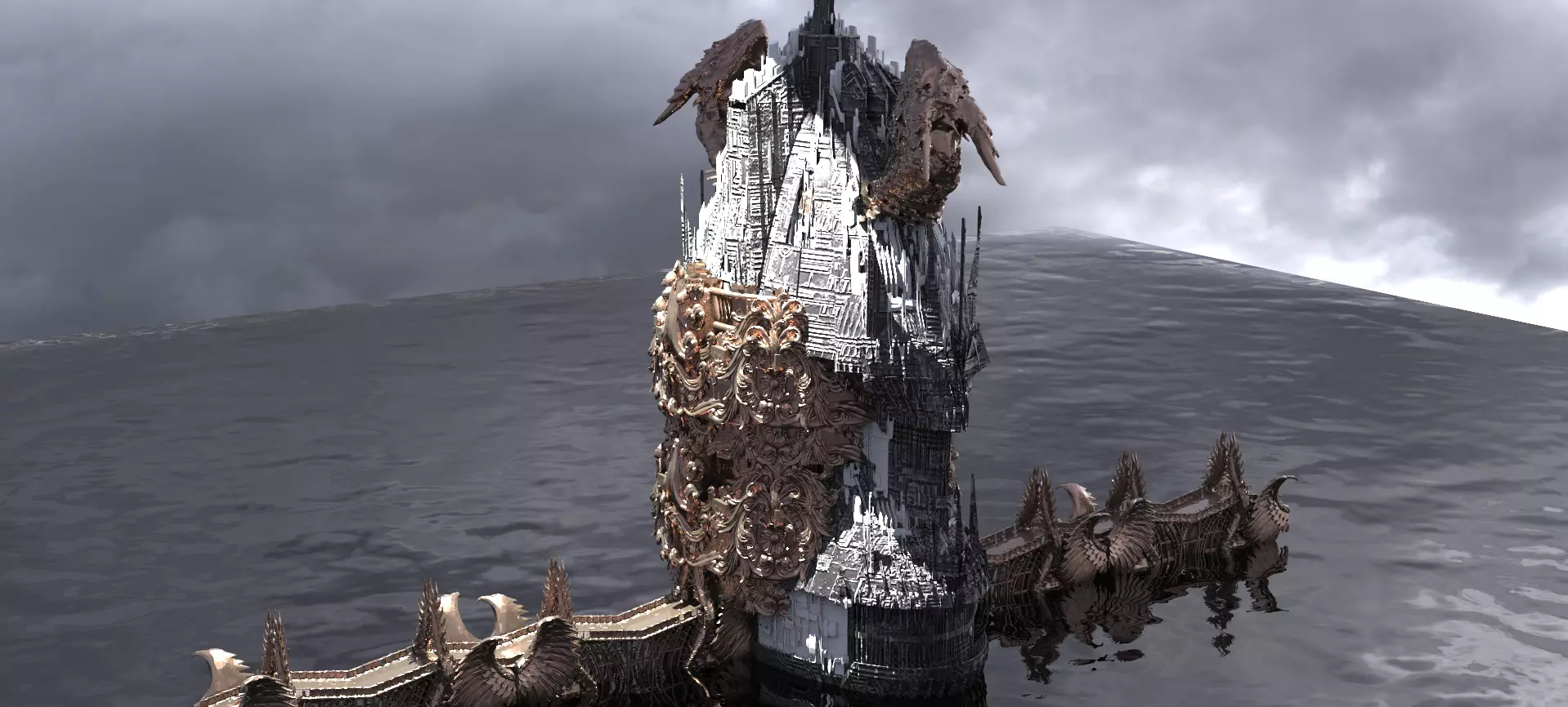 Ocean Cyberpunk Atlantis Dragon Ocean Master Tower 3D model_0