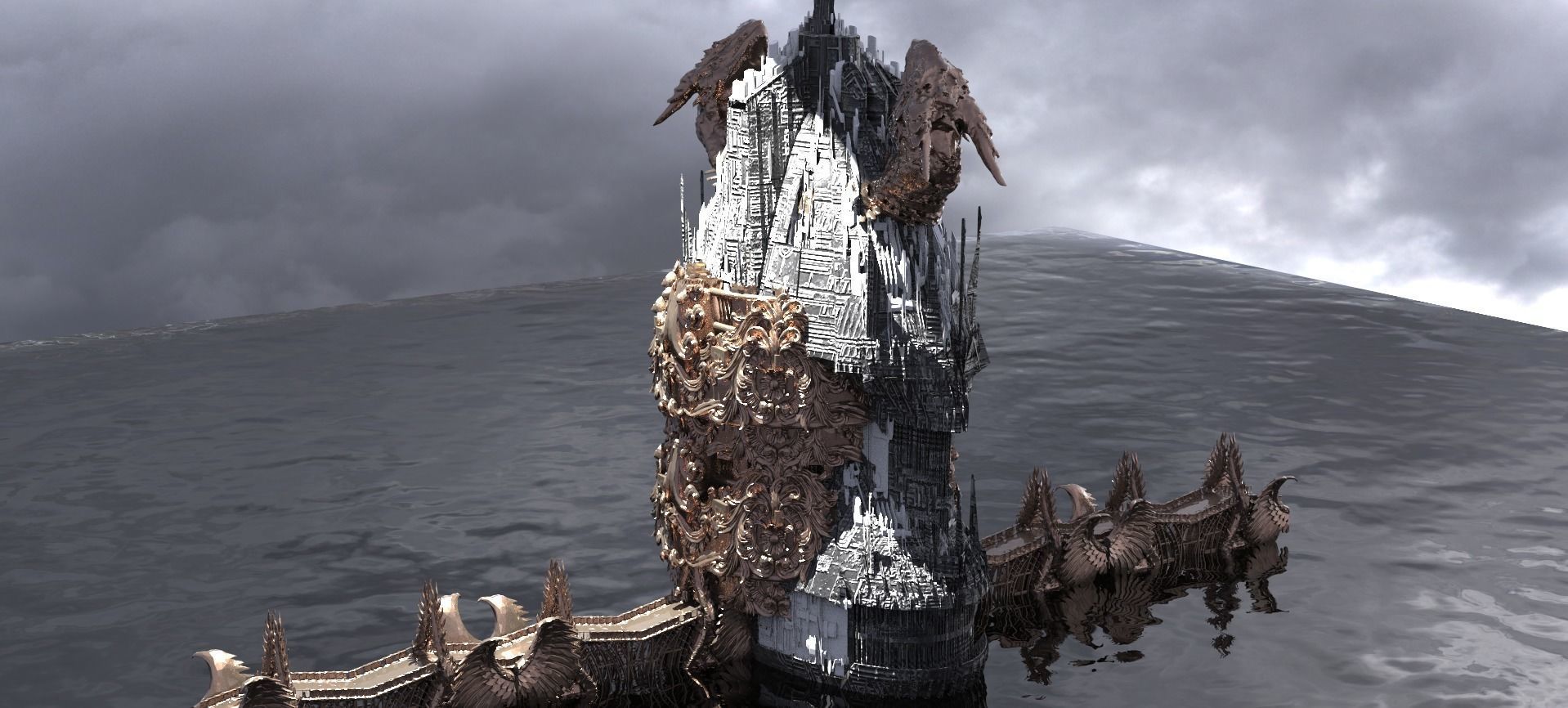 Ocean Cyberpunk Atlantis Dragon Ocean Master Tower 3D model_1