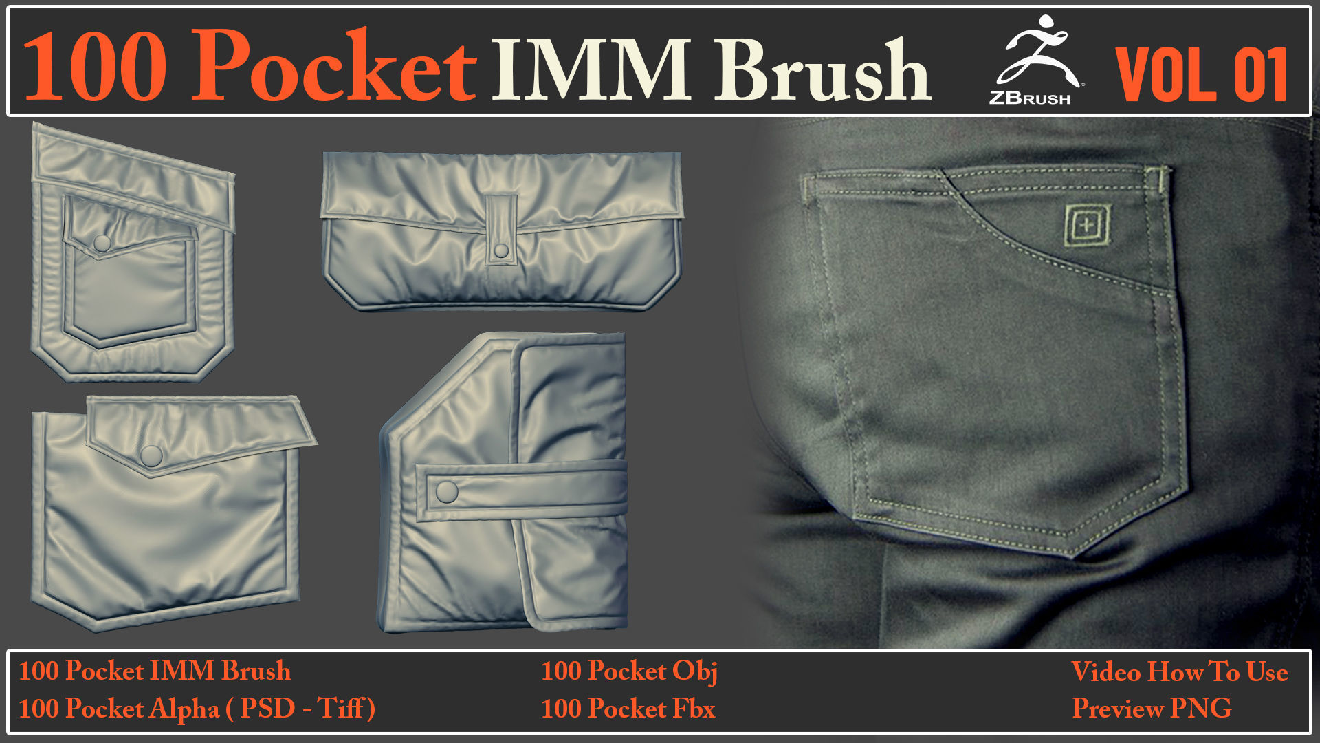 100 Pocket IMM Brush - 100 FBX - OBJ Files - Video How To Use 3D model_2