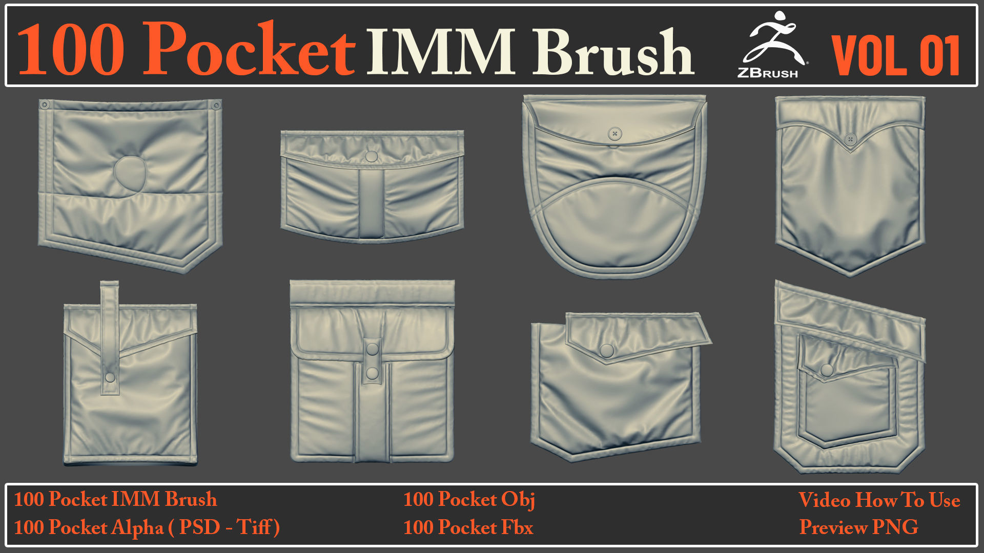 100 Pocket IMM Brush - 100 FBX - OBJ Files - Video How To Use 3D model_14