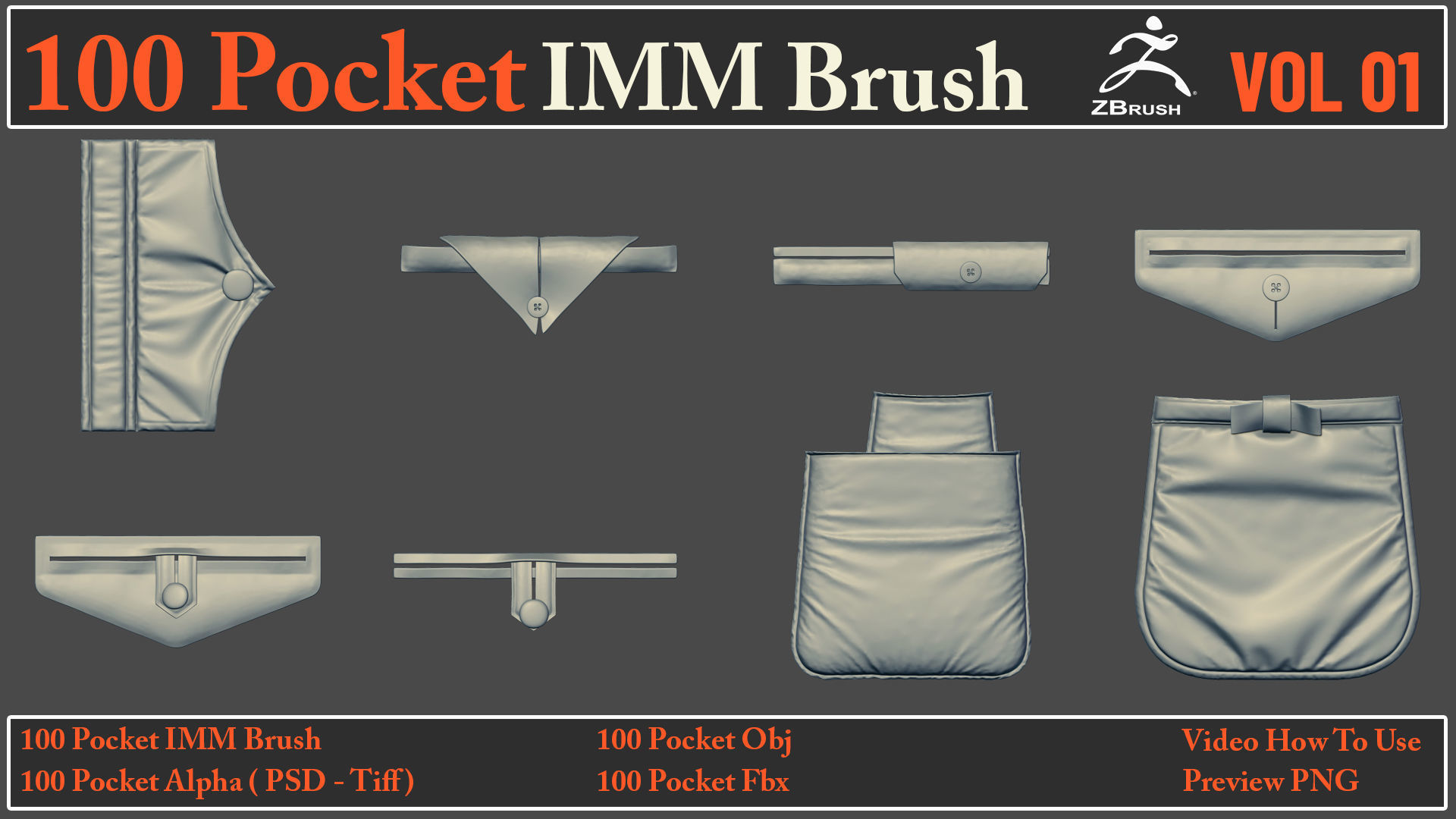 100 Pocket IMM Brush - 100 FBX - OBJ Files - Video How To Use 3D model_8